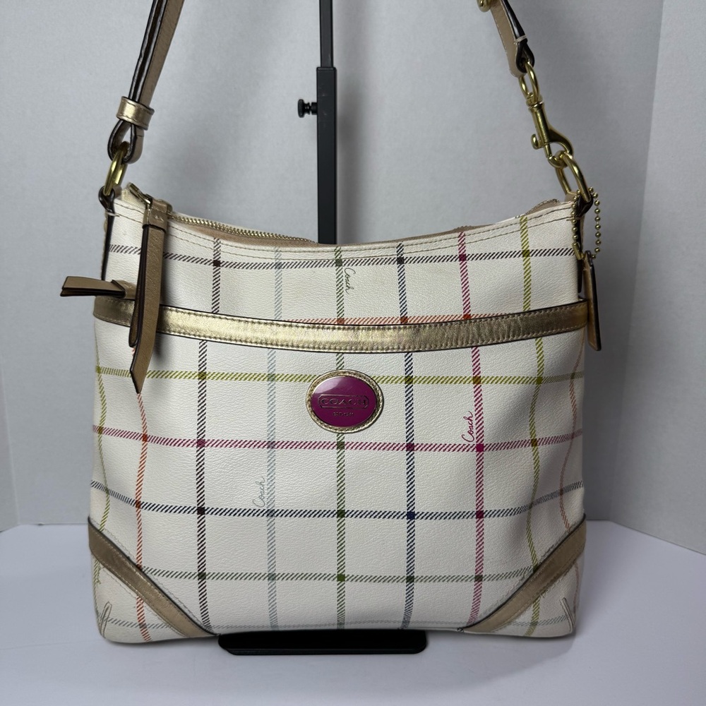 COACH Heritage Peyton Tattersall Plaid Duffel Shoulder Bag Cream #K1193-F19178